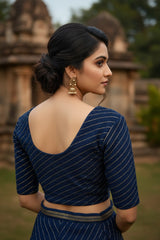 Navy Blue Stretchable Leheriya Print Readymade Designer Blouse with Elbow-Length Sleeves (Fully Stitched)