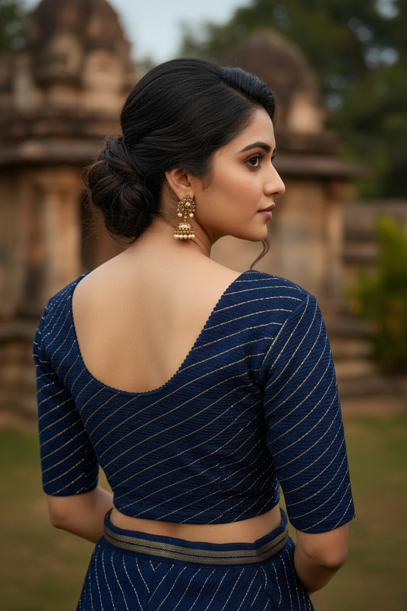 Navy Blue Stretchable Leheriya Print Readymade Designer Blouse with Elbow-Length Sleeves (Fully Stitched)
