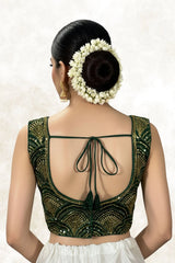 Green Zari Padded Sleeveless Blouse with Bold Scalloped Embroidery, Back Tie, Ready-to-Wear (Size 36)