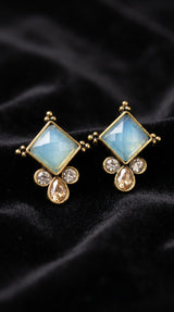 Sea Blue Square Stone Stud Earrings with Gold-Tone Frame and Crystal Drop Accents