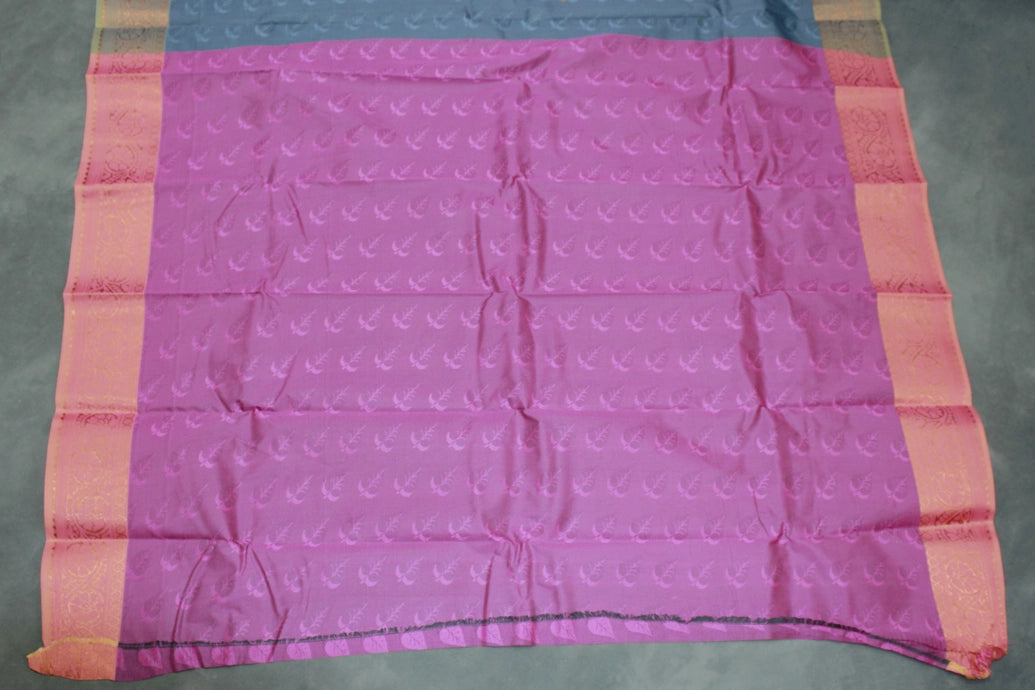 Grey Semi Silk Emboss Saree with Elegant Border, Leaf Motif Weave and Traditional Look