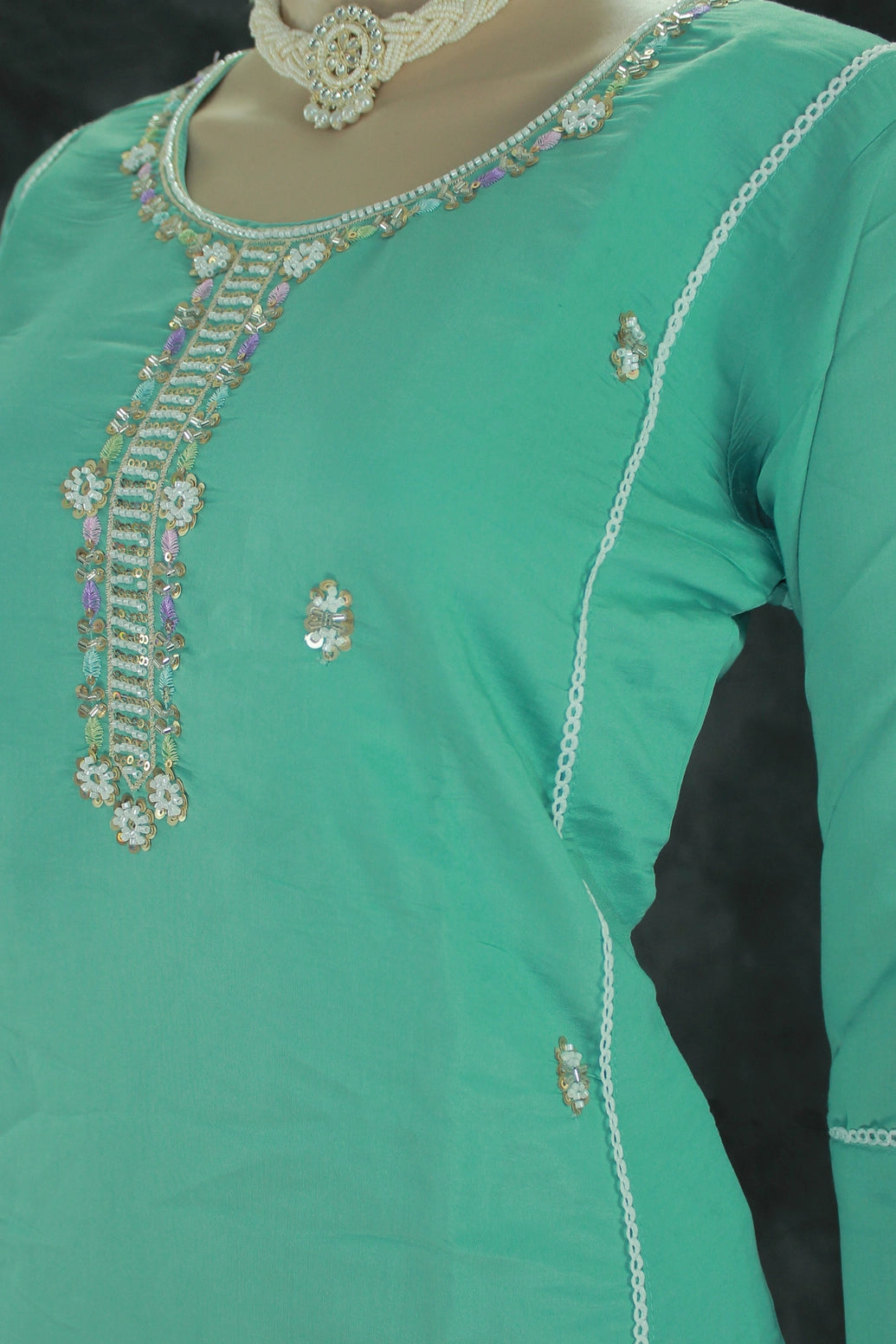 Roman Silk 3-Piece Kurti Set with Elastic Pant and Digital Jacquard Dupatta - Sage Green
