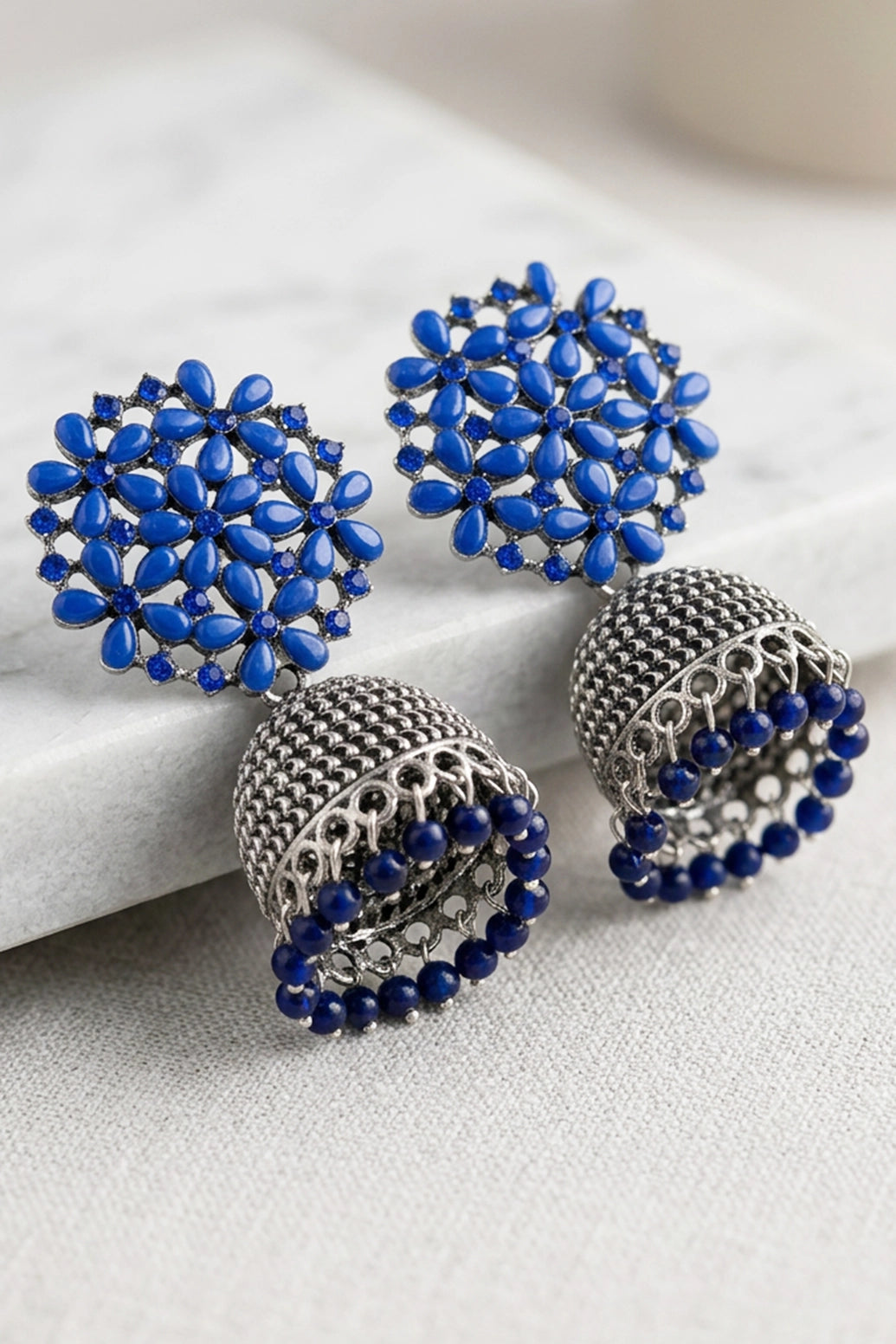Traditional Oxidized Silver Jhumka Earrings with Floral Stud and Bead Drops - Fashion Jewellery
