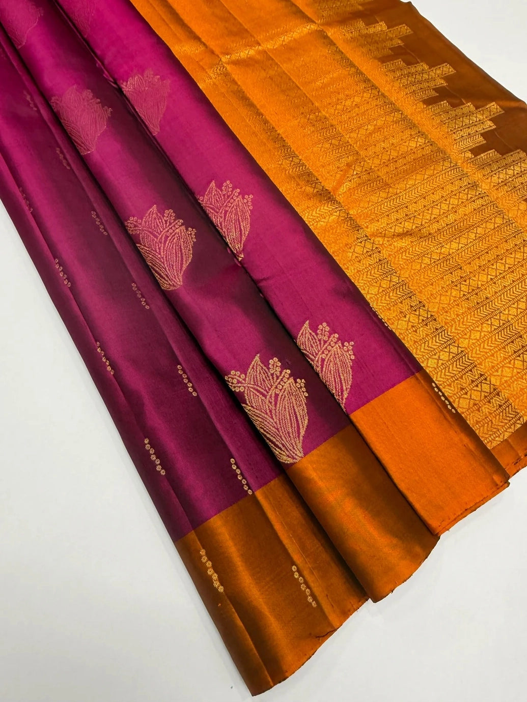 Peach & Wine Soft Silk Saree with Contrast Border and Buti Design