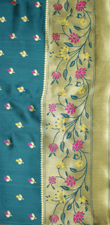 Kamal Paithani Silk Floral Pallu Saree with Design Border, Bottle Green Full Body Butties and Blouse