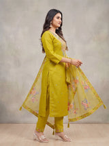 Yellow Roman Silk 3-Piece Kurti Set with Embroidered Work & Chinon Dupatta, Elastic Pant