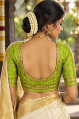 Pista Green Designer Padded U-Neck Blouse with Zari Floral Butta Work, Fully Stitched Elbow Sleeve