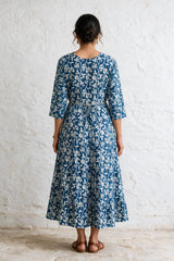 Navy Blue Cotton Anarkali Kurti with Dori Design, Geometric & Floral Print and Silver Sequin Stripe Details