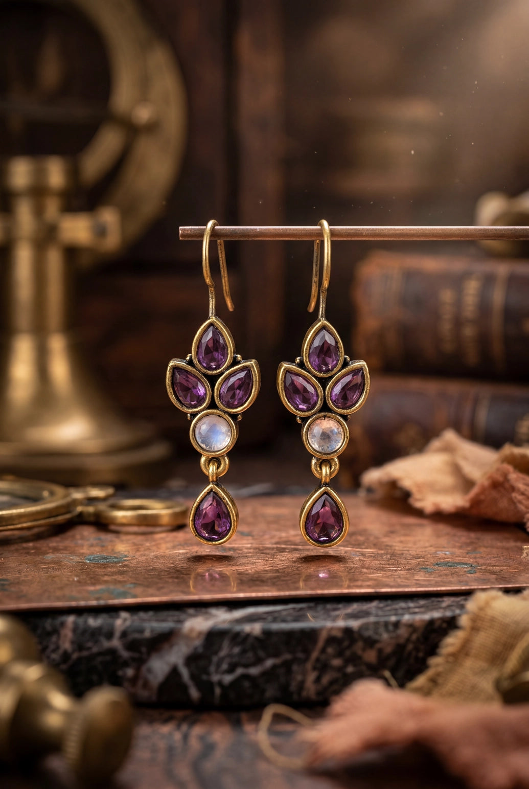 Purple Teardrop Stone Dangler Earrings with Gold-Tone Hook, Elegant Hanging Fashion Jewellery for Women