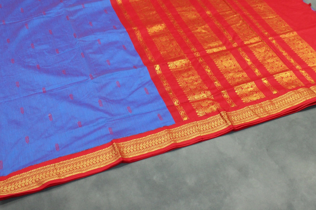 Kalyani Blue Cotton Saree with Red Zari Border & Putta Motifs, Blouse Included Saree JCS Fashions