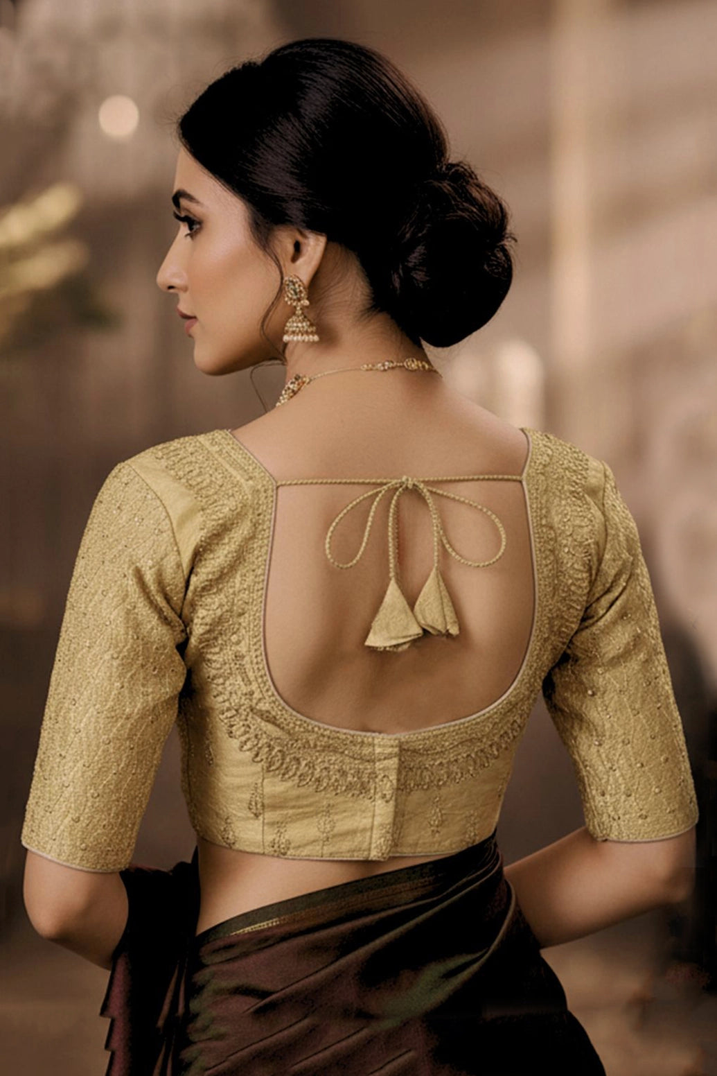 Sandal Golden Zari Embroidered Readymade Padded Blouse with Elbow Sleeves and Back Knot, Fully Stitched