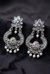 Grey Oxidized Silver-Tone Floral Teardrop Stone Drop Earrings with Pearl Beads, Fashion Jewellery for Women