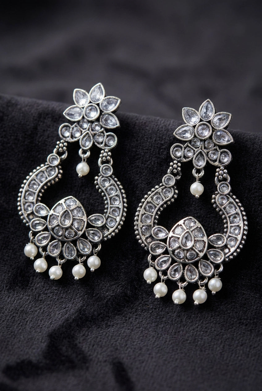 Grey Oxidized Silver-Tone Floral Teardrop Stone Drop Earrings with Pearl Beads, Fashion Jewellery for Women