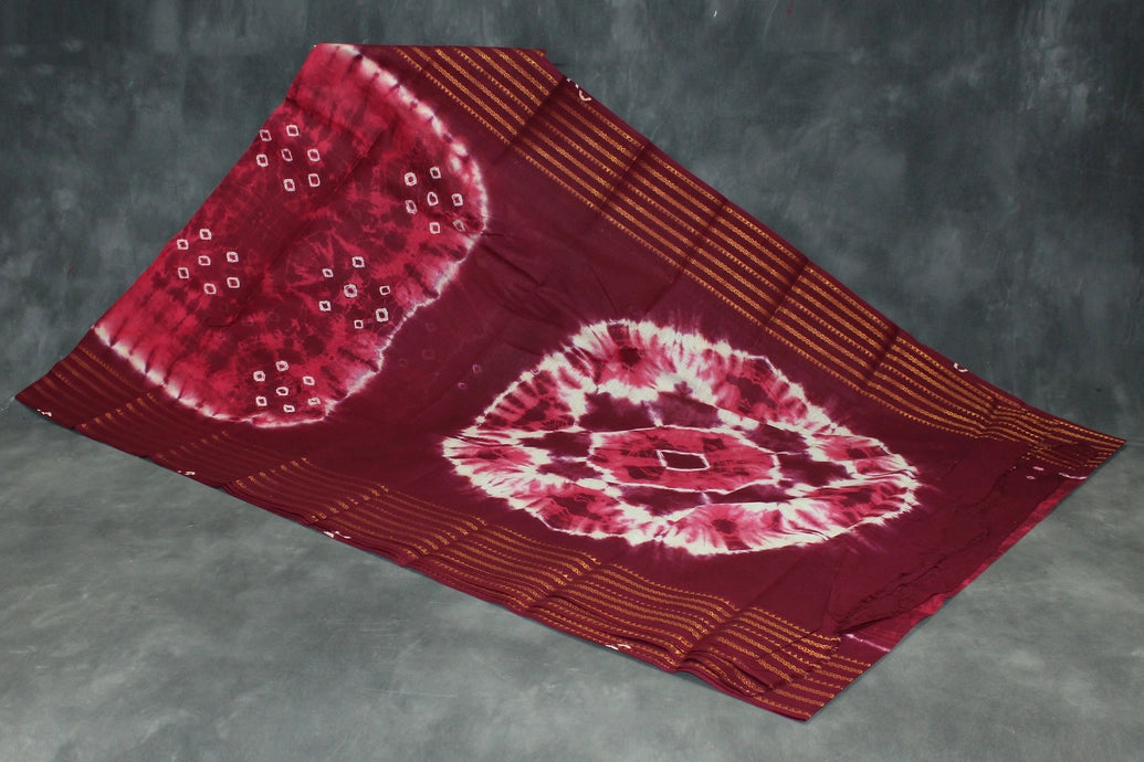 Pure Sungudi Cotton Bandhani Saree - Purple with Golden Zari Border, Unstitched Blouse Included