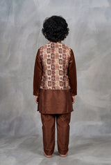 Boys’ Brown Koti Kurta Set (3-Piece) with Printed Sleeveless Koti & Traditional Motifs