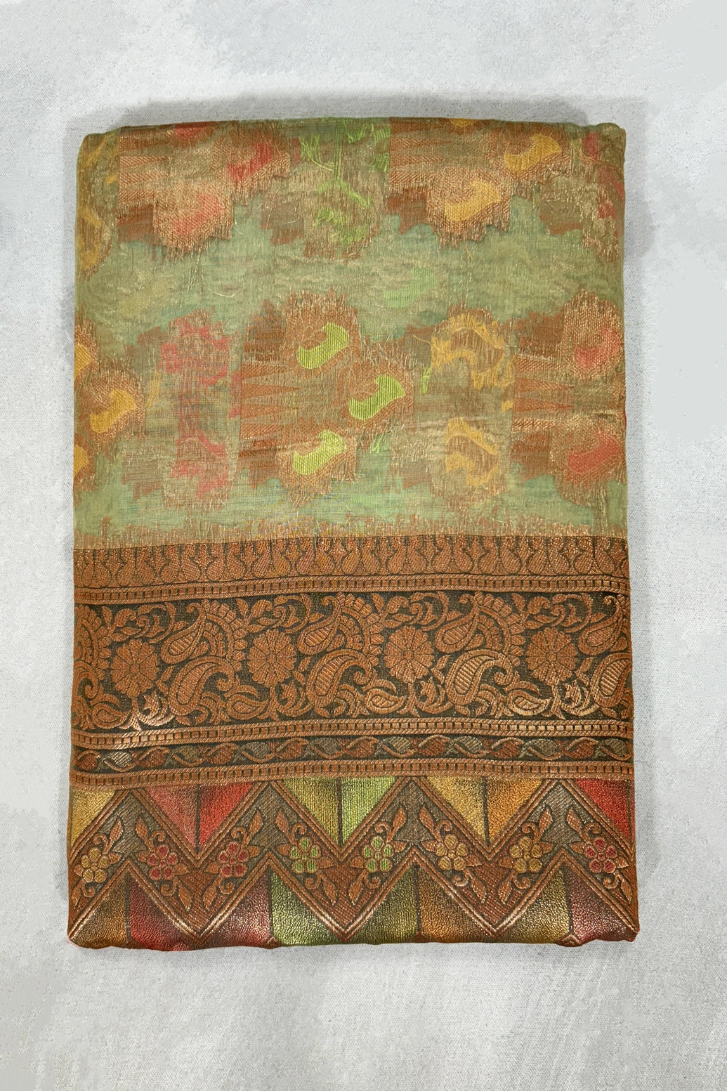 Green Cotton Organza Saree with Zari Grand Pallu and Designer Border, Comes with Blouse