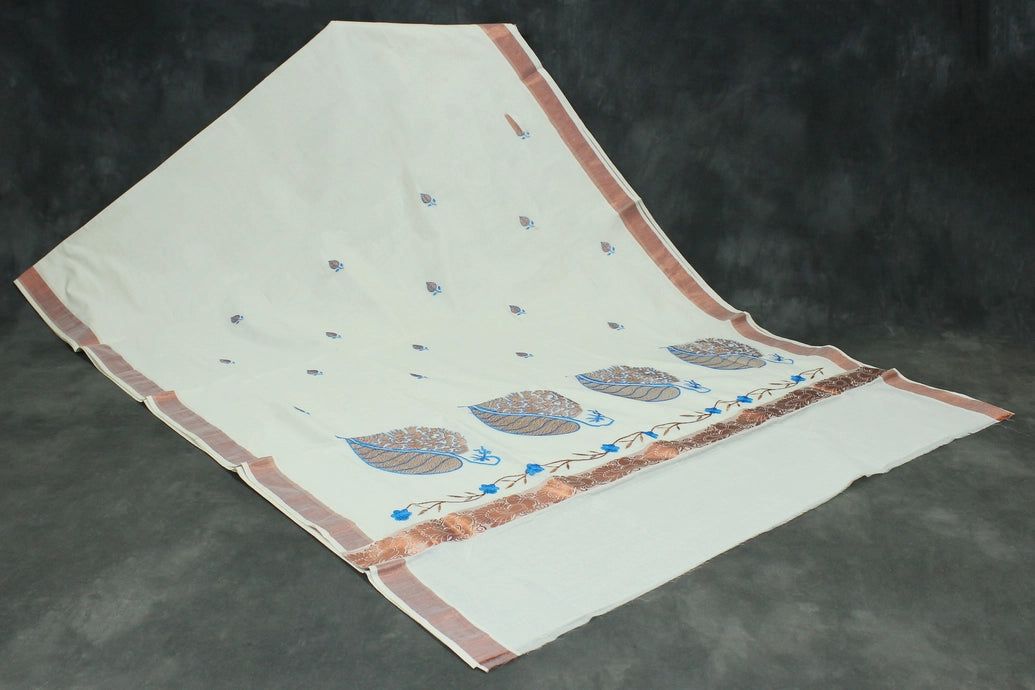 Pure Kerala Cotton White Saree with Copper Zari Border, Peacock Floral Embroidery and Blouse Piece