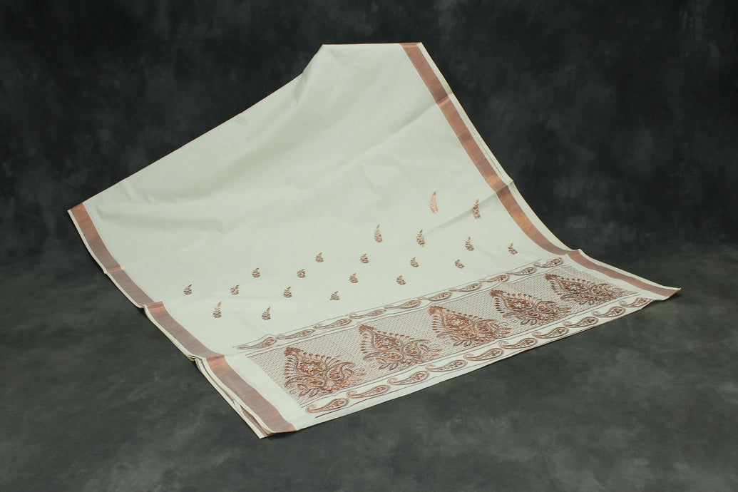 Pure Kerala Cotton Saree with Copper Zari Peacock & Leaf Embroidery, White Body with Traditional Border