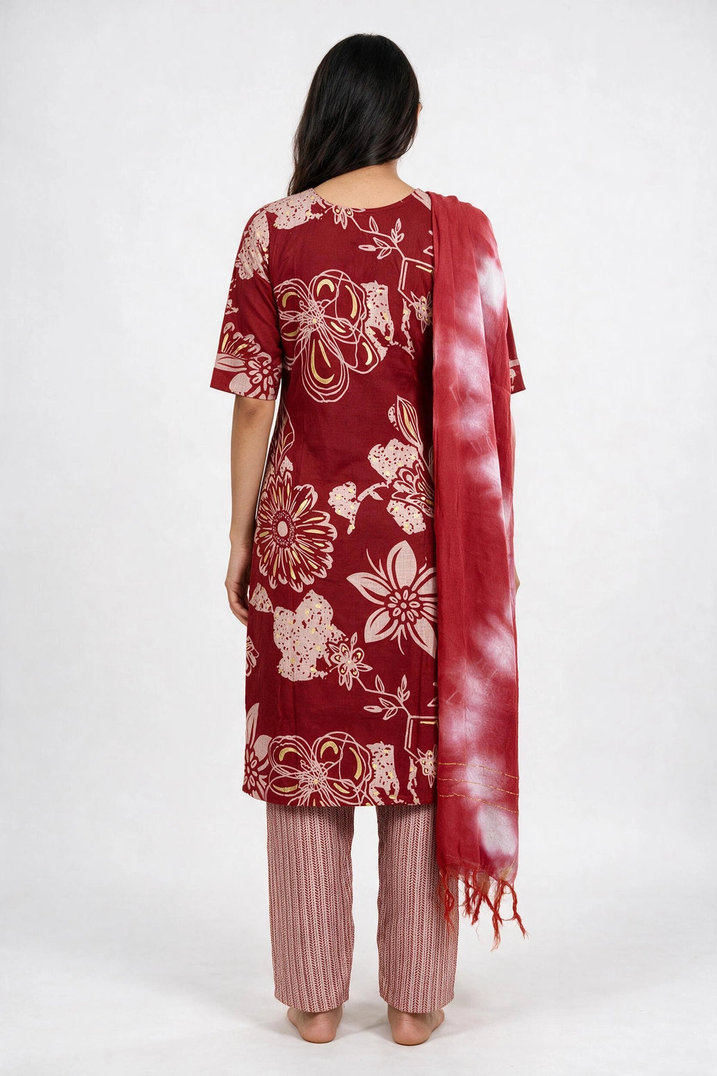 Maroon Cotton 3-Piece Kurti Set with Elastic Pant and Matching Dupatta for Women
