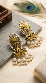 Antique Gold-Tone Traditional Statement Earrings with Oval Stone, Beads & Pearl Drops for Women