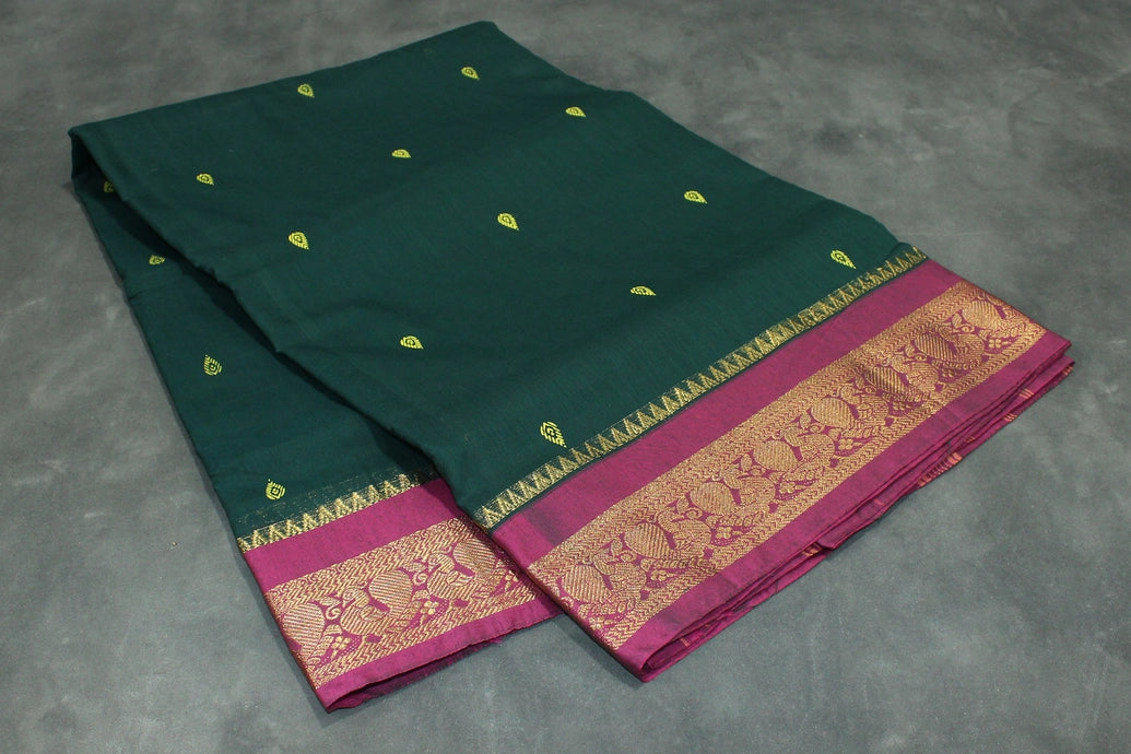 Dark Green Poly Cotton Butta Saree with Maroon Zari Border Saree JCS Fashions