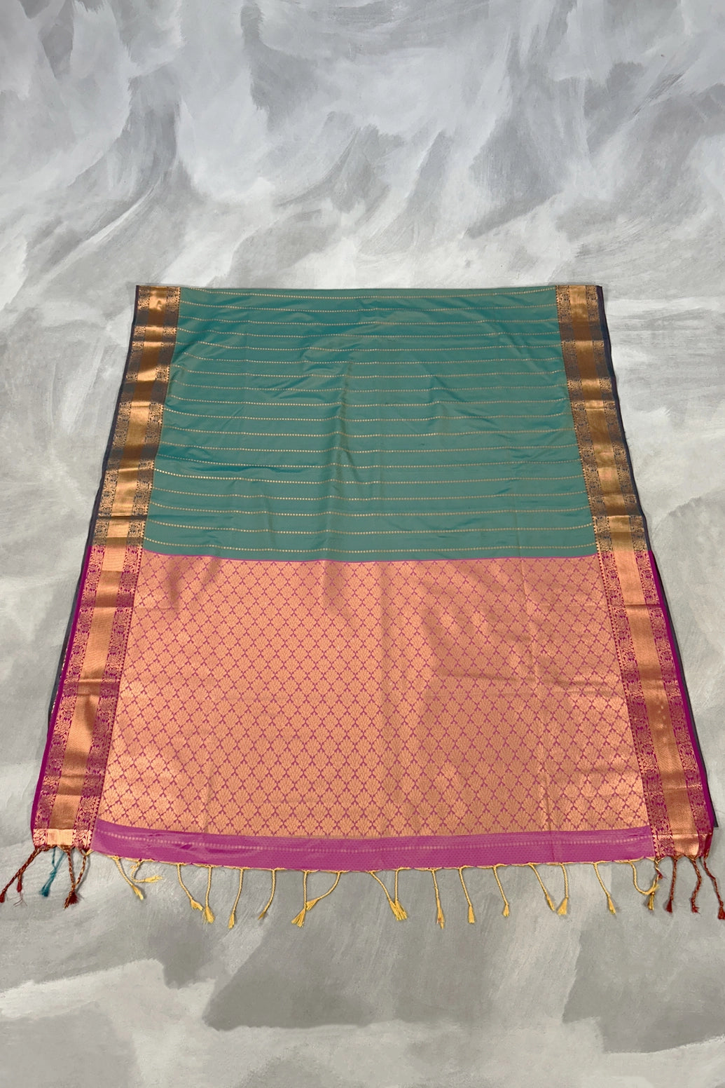 Teal Korvai Soft Silk Saree with Gold Zari Buttas and Floral Border with Blouse