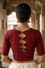 Maroon Designer Readymade Stretchable Blouse with Gold-Tone Back Beadwork, Elbow Sleeves, Fully Stitched