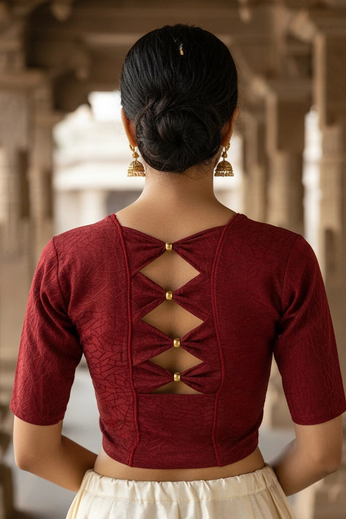 Maroon Designer Readymade Stretchable Blouse with Gold-Tone Back Beadwork, Elbow Sleeves, Fully Stitched