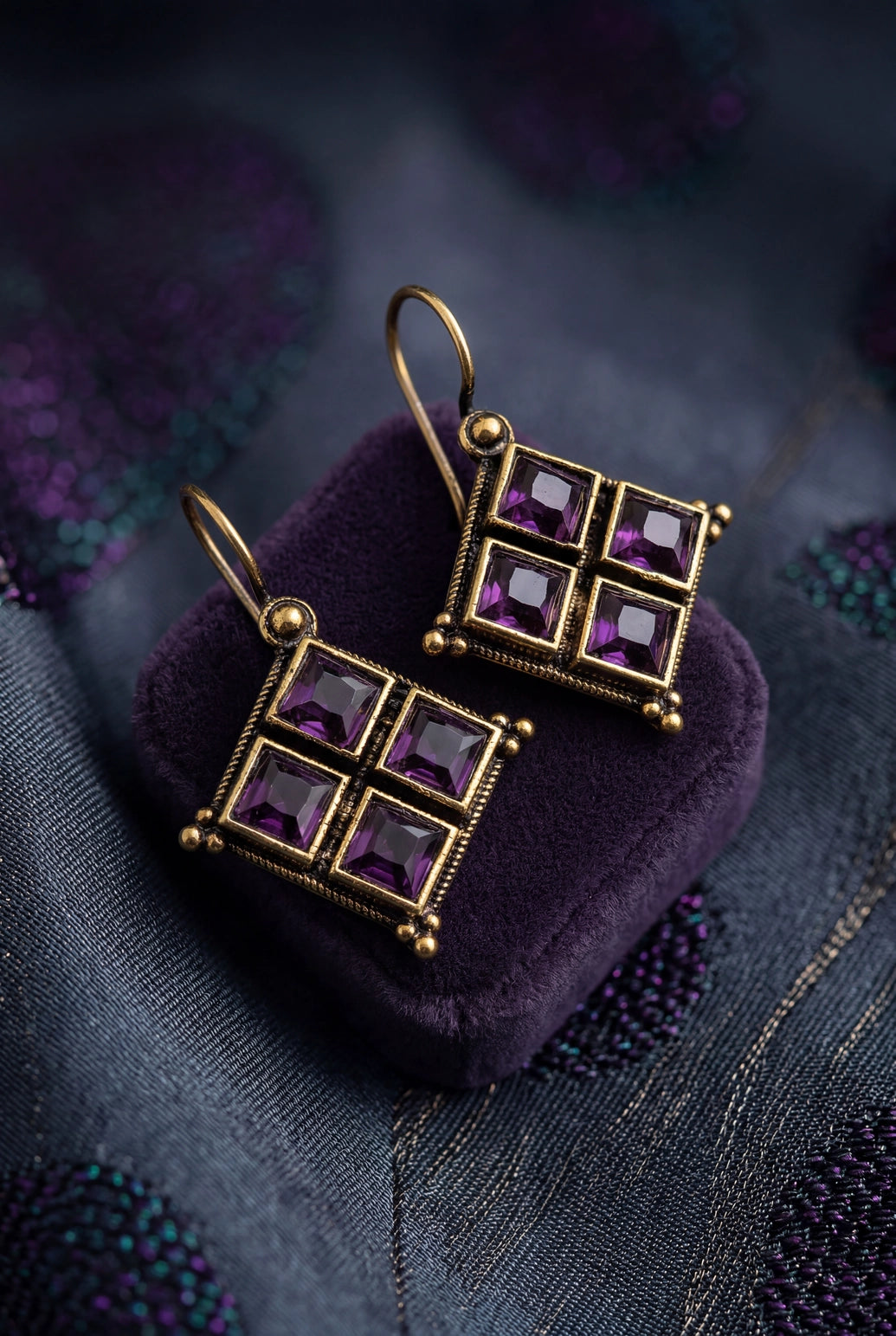 Purple Stone Gold-Tone Square Drop Hook Earrings for Women, Modern Elegant Fashion Jewellery