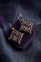 Purple Stone Gold-Tone Square Drop Hook Earrings for Women, Modern Elegant Fashion Jewellery