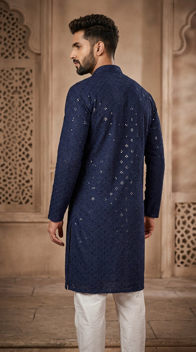 Men’s Navy Blue Lakhnavi Kurta with Sequined Motif Work, Mandarin Collar, Regular Fit
