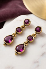 Purple Stone Teardrop Dangle Gold-Tone Fashion Earrings, Oval Stones Triple Drop Party Wear