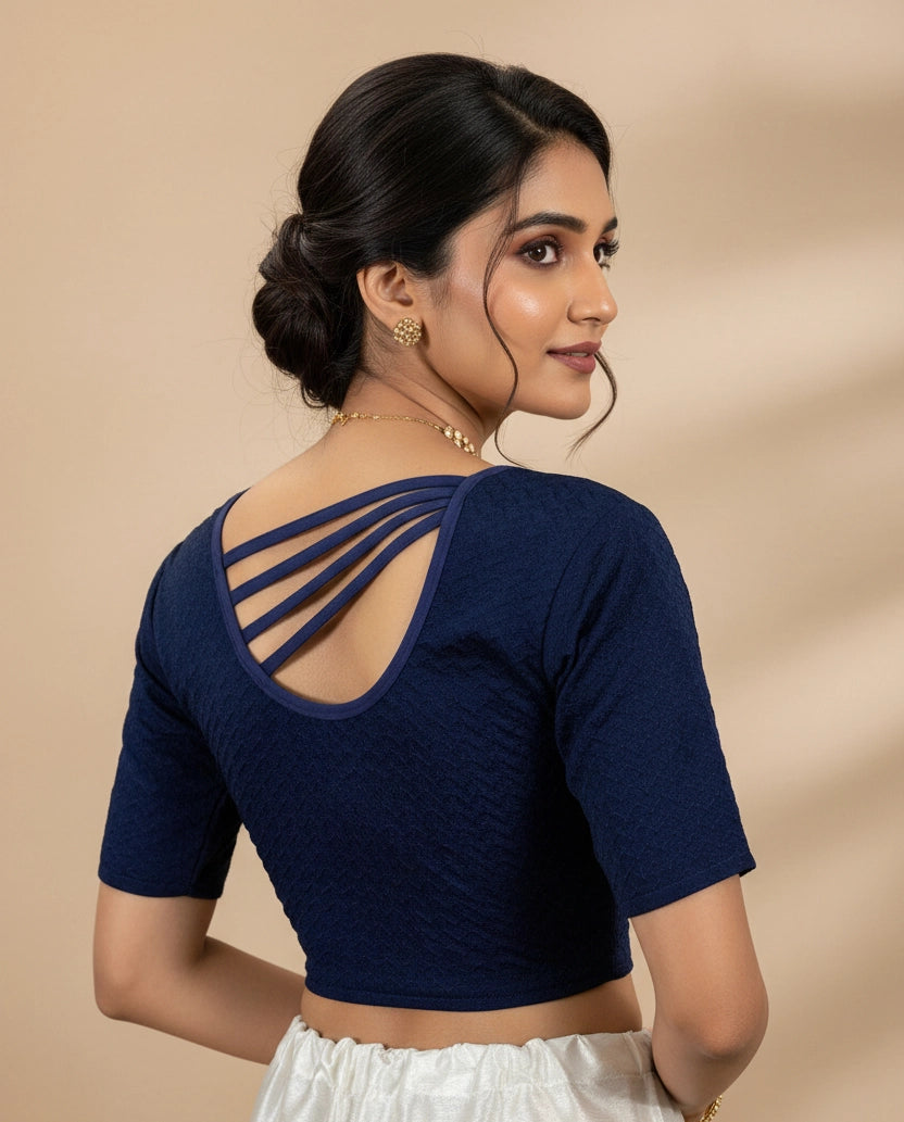 Navy Blue Stretchable Readymade Designer Blouse with Crisscross Back Straps, Elbow Sleeve, Plain Fit
