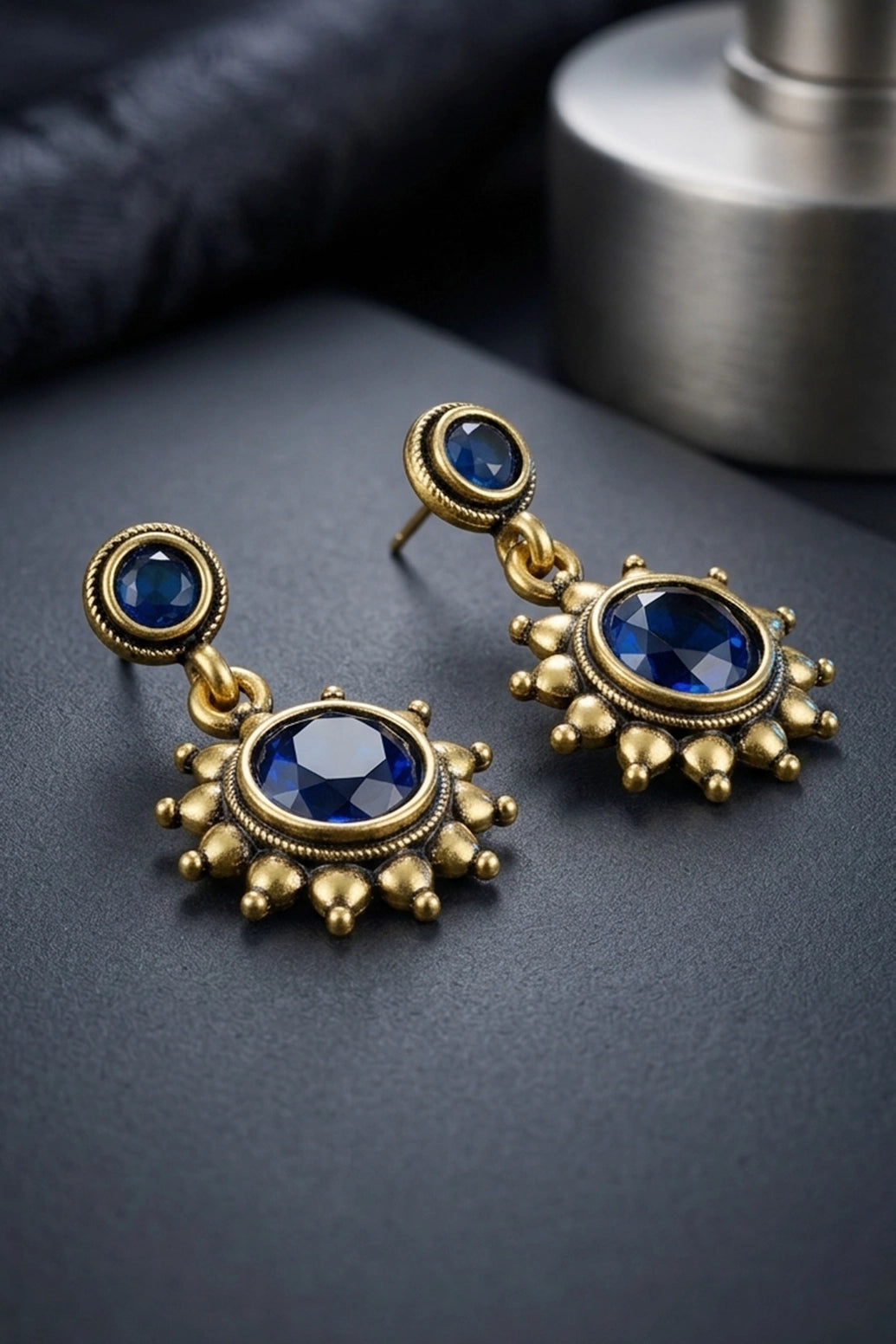Dark Blue Gold-Tone Antique Style Sunflower Drop Earrings for Women, Fashion Jewellery 1 Pair