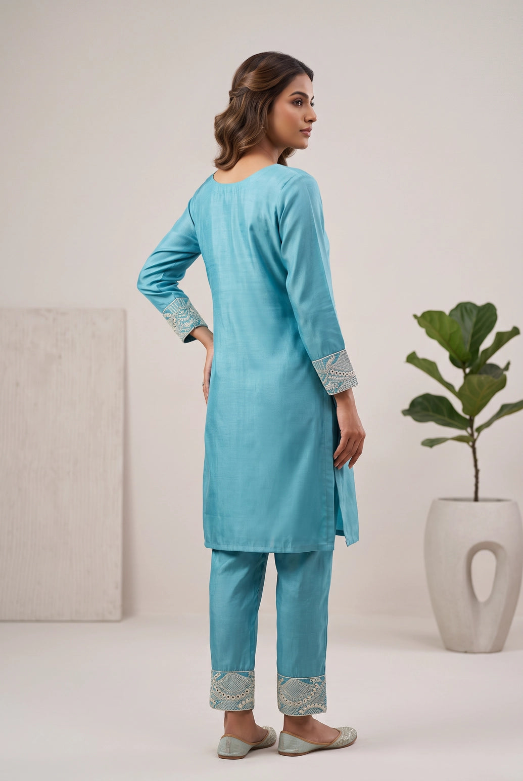Teal Blue Glass Roman Co-Ord Kurti Set with Embroidered V-Neckline and Bead Detail
