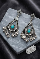 Oxidized Silver Blue Stone Drop Earrings with Beaded Dangles and Tiny Charms for Women