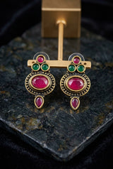 Antique Finish Stud Earrings with Oval Red Stone, Green Accents & Gold-Tone Detailing for Traditional Wear