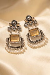 Gold-Tone Teardrop Pearl & Stone Dangle Earrings with Floral Motifs for Traditional Wear