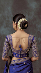 Bright Royal Blue Designer Padded Blouse with Golden Zari Embroidery, Fully Stitched, Elbow Sleeve, Back Knot