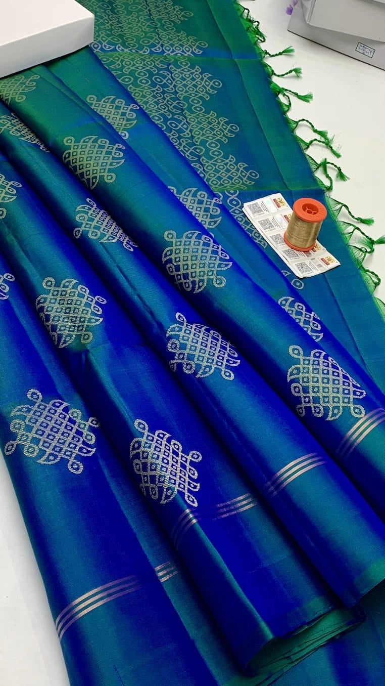 Peacock Blue Soft Silk Saree with Kolam Butta Print and Contrast Border for Traditional Wear