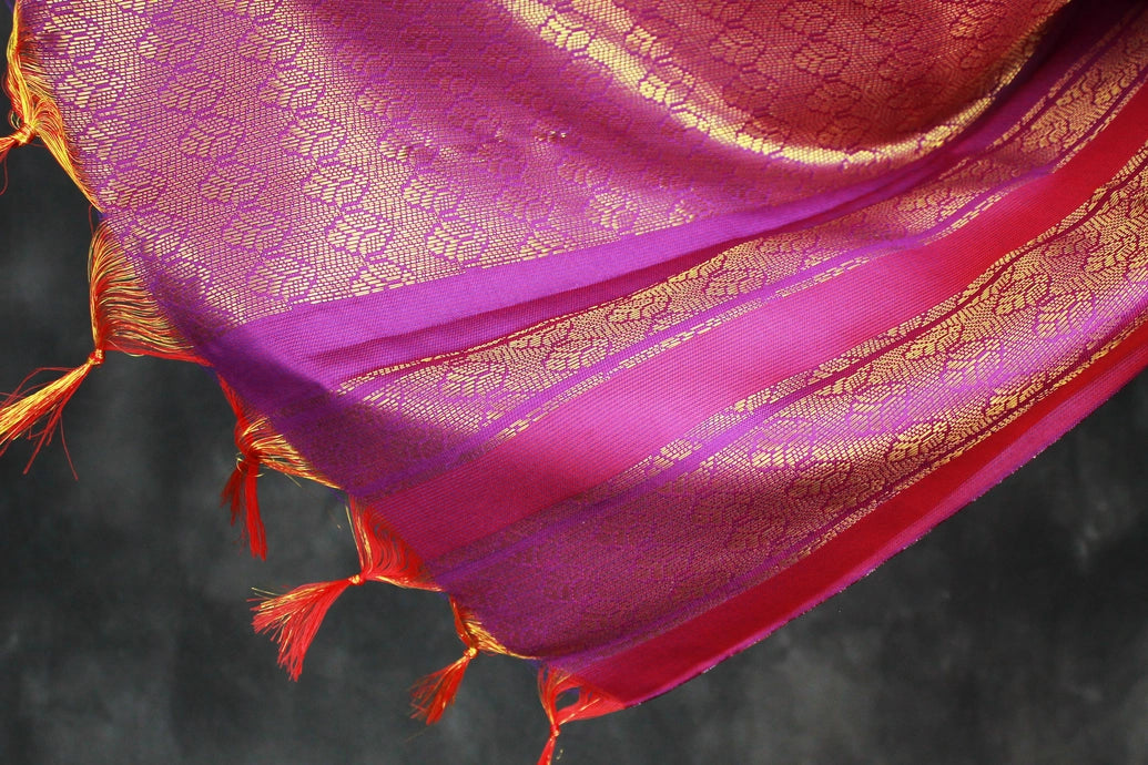 Purple Ponnadai Poly Silk Jacquard Shawl with Zari Pattern & Tassels for Temple and Wedding Functions (2m)