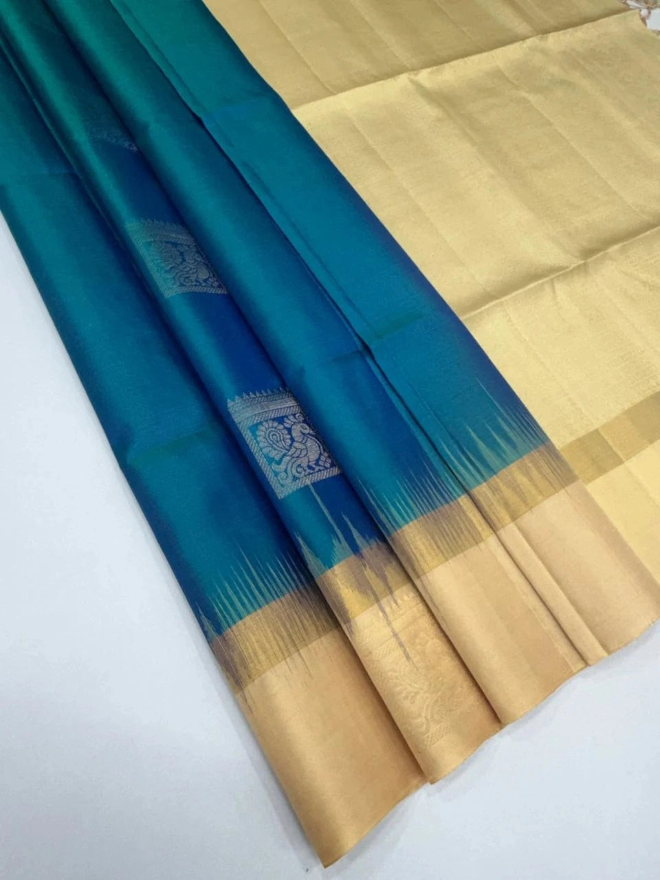Teal & Green Soft Silk Saree with Contrast Border and Woven Motifs