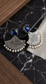 Blue Stone Textured Dangle Earrings with Pearl Drops for Festive Party Wear