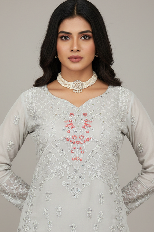 Light Gray Roman Silk 3-Piece Kurti Set with Embroidered Top, Pant with Elastic & Organza Border Dupatta