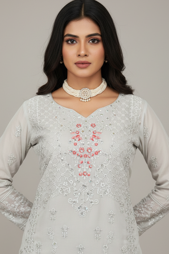 Light Gray Roman Silk 3-Piece Kurti Set with Embroidered Top, Pant with Elastic & Organza Border Dupatta