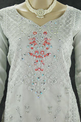 Light Gray Roman Silk 3-Piece Kurta Set with Organza Work Dupatta and Elastic Pant
