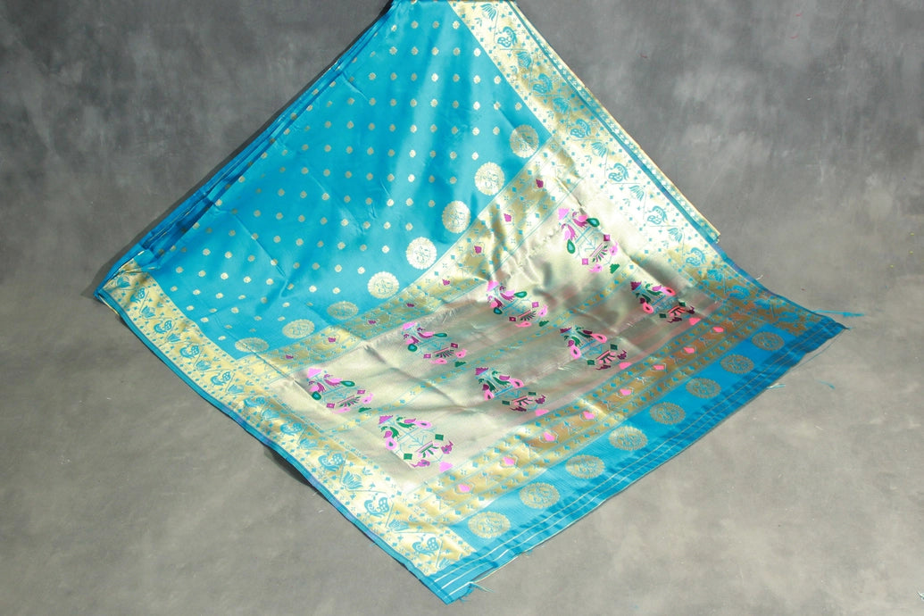 Blue Paithani Pure Silk Saree With Zari Woven Peacock Pallu and Design Border