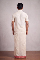 Men Off-White Cotton Dhoti with Woven Check Border and Zari Lines (2 Metre Single Veshti) - Coral