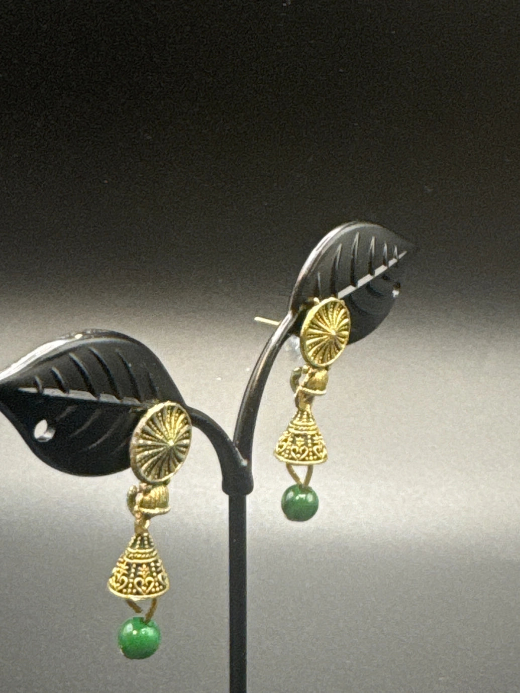 Antique Look Floral Jhumka Earrings – Gold-Tone Jhumki with Coloured Bead Drop (1.5 inch) - Green