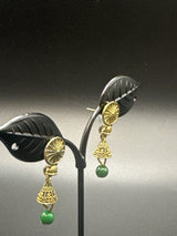 Antique Look Floral Jhumka Earrings – Gold-Tone Jhumki with Coloured Bead Drop (1.5 inch) Jewelry JCS Fashions Green 1.5 inch